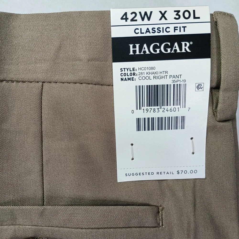 Haggar Cool Right Performance Flex Classic Fit Pants Men's Size 42x30 Khaki New